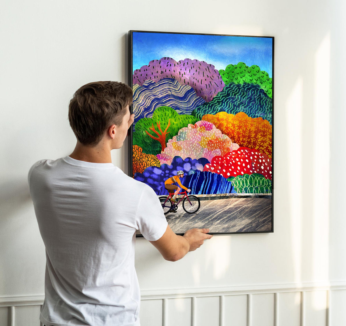 Cyclist Art Print | Colorful Forest Cycling Wall Art