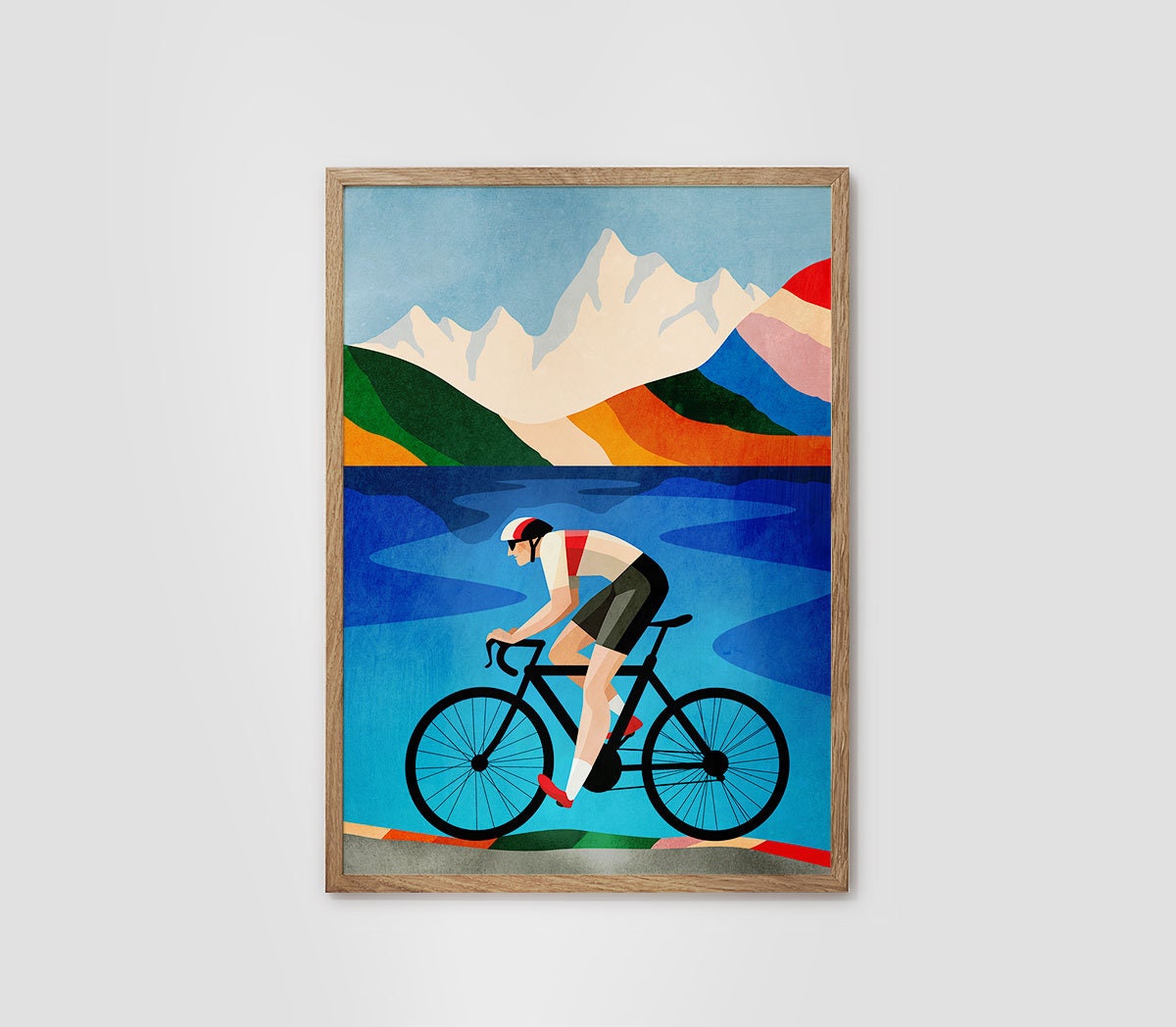 Cycling Art Print | Mountain Lake Illustration Wall Art