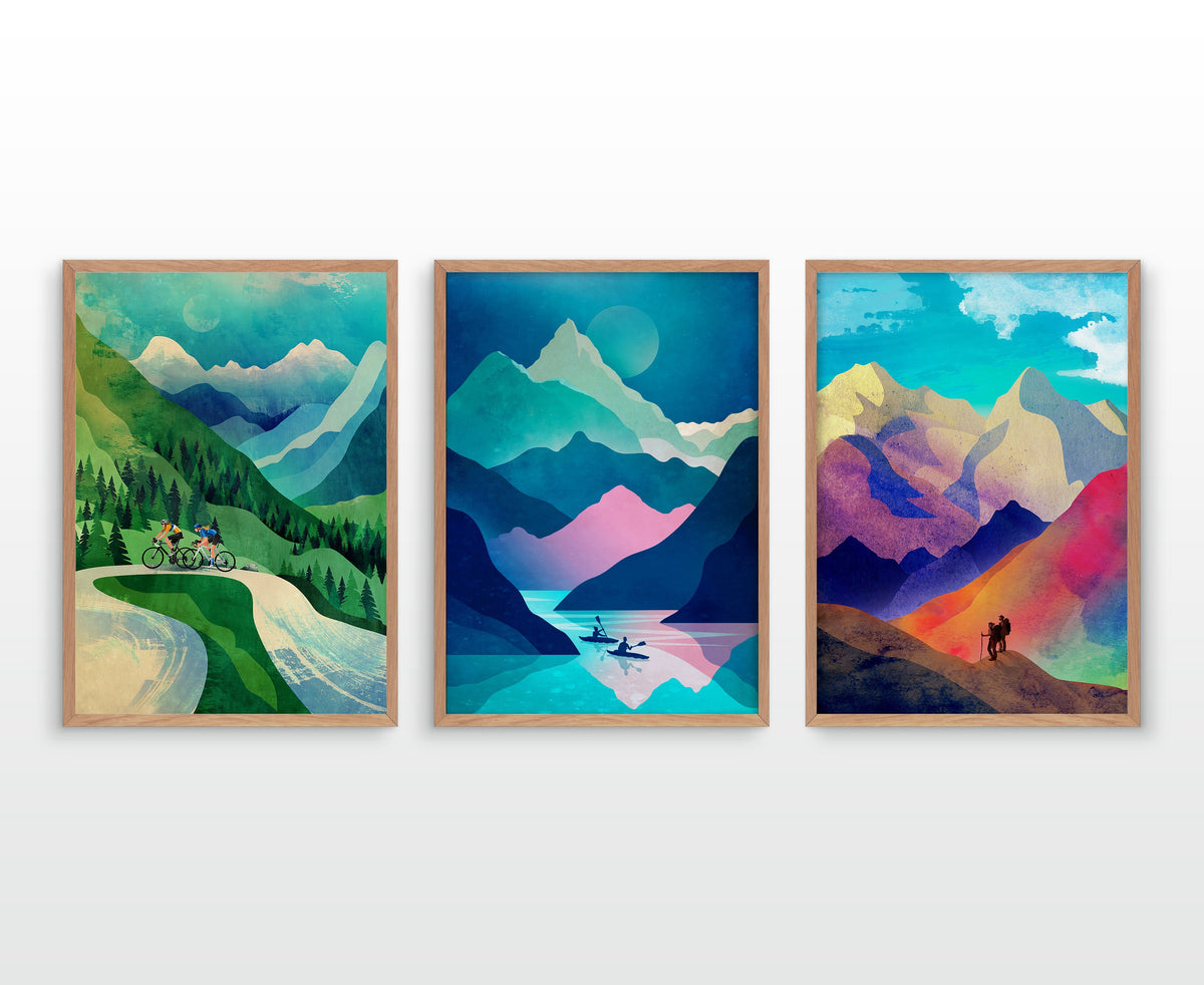 Hike Bike Kayak Art Prints Set of 3 | Outdoor Adventure Wall Art