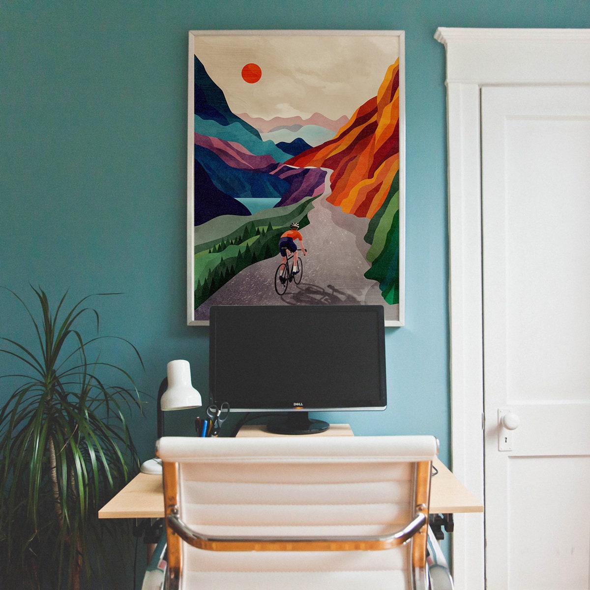 Cycling Art Print | Colorful Mountain Landscape Cyclist Gift