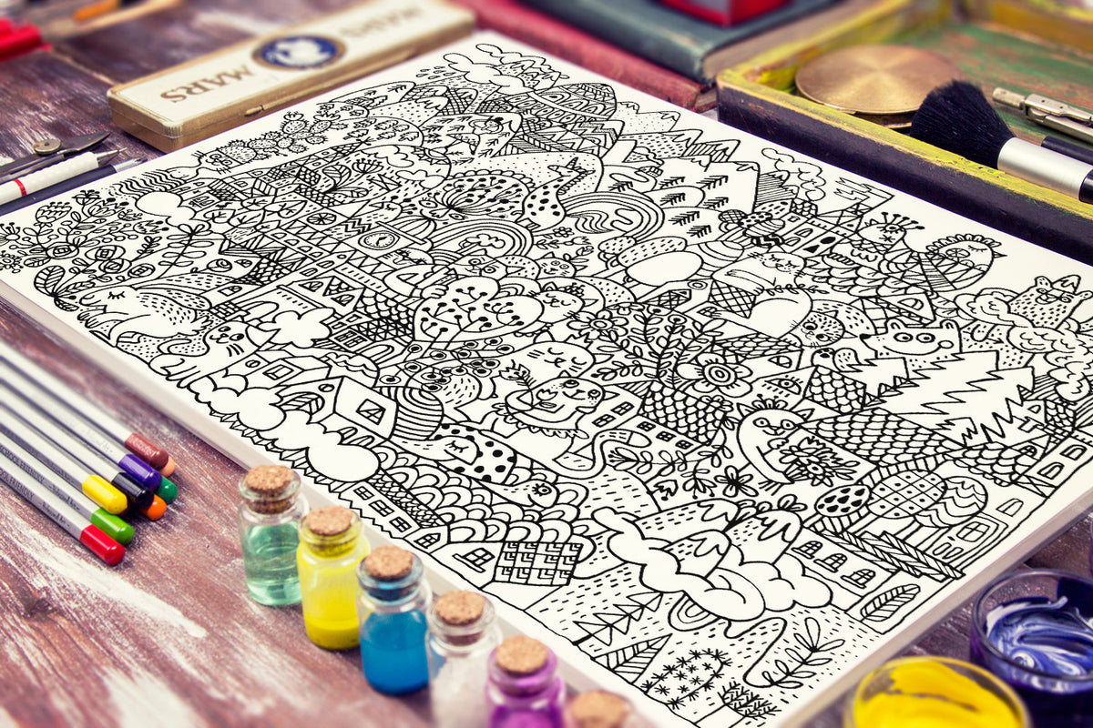 Cats Town Coloring Poster | Giant A2 Colouring Page for Kids