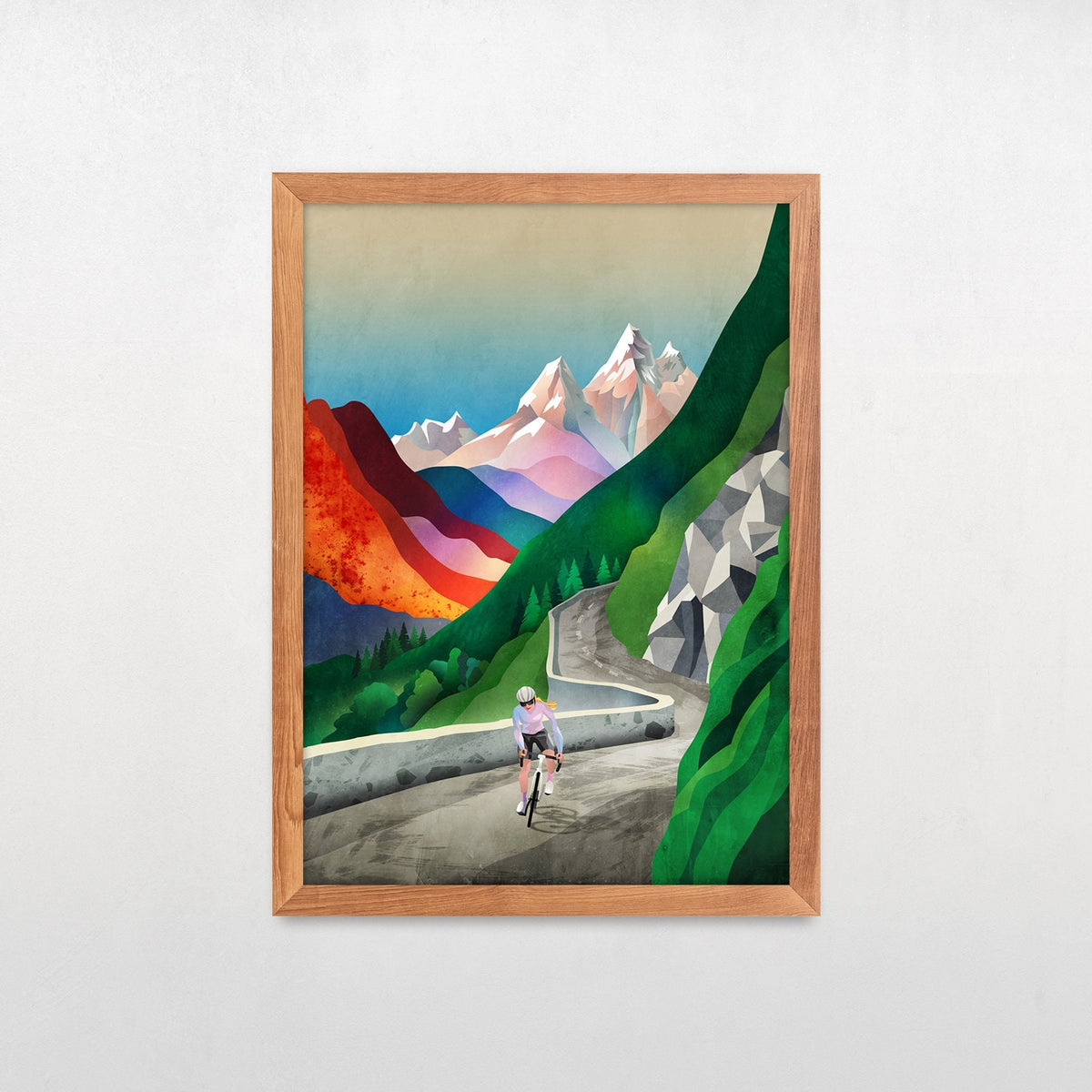 Woman Cycling Art Print | Mountain Landscape Female Cyclist Art