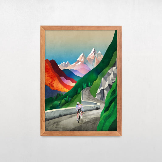 Woman Cycling Art Print | Mountain Landscape Female Cyclist Art