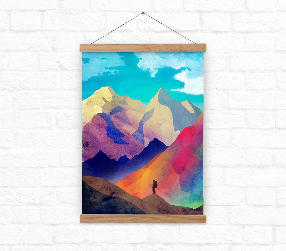 Mountain Lake Art Print | Colorful Hiking Illustration Wall Art