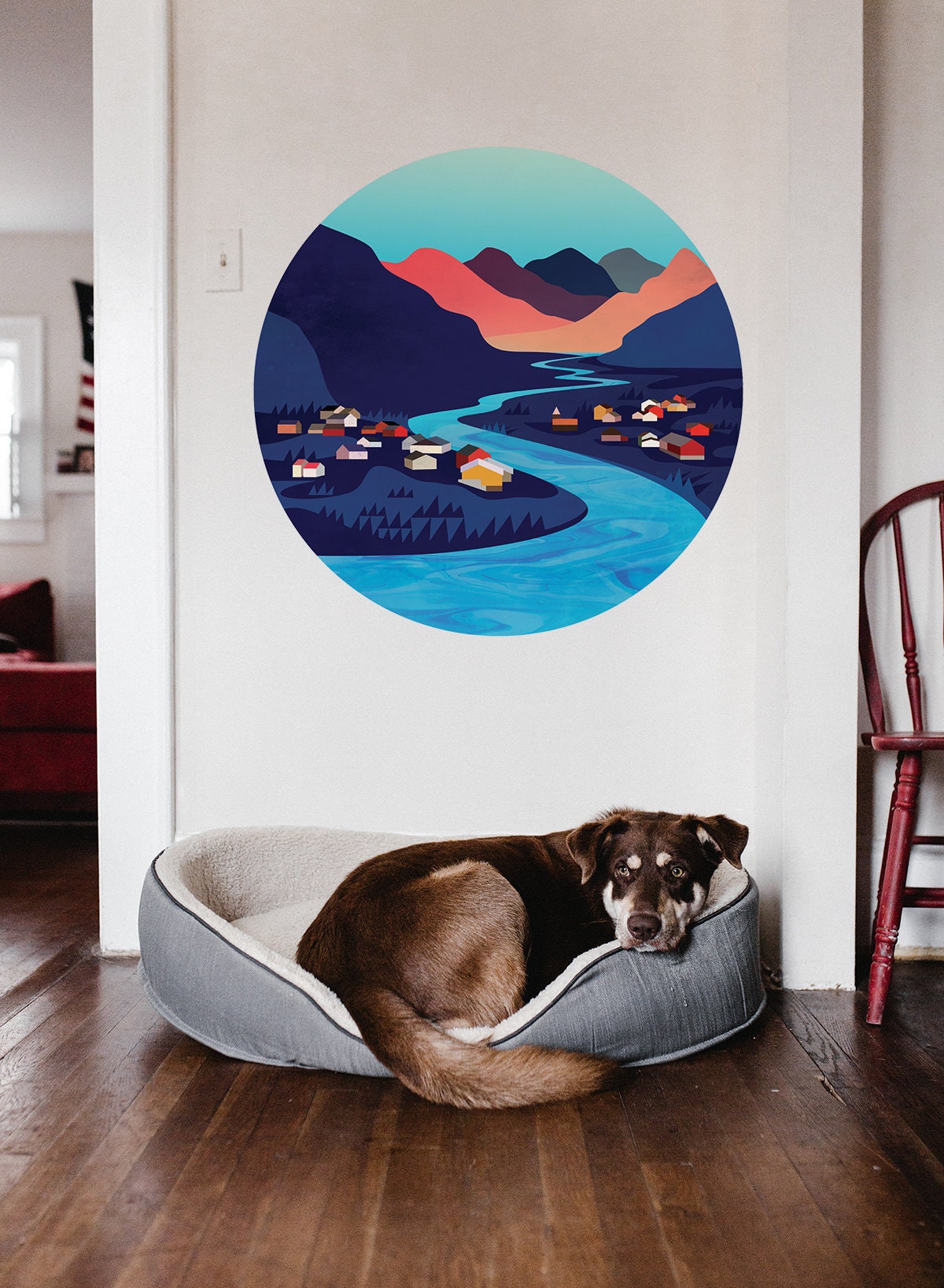 River Village Wall Decal | Round Landscape Wall Sticker