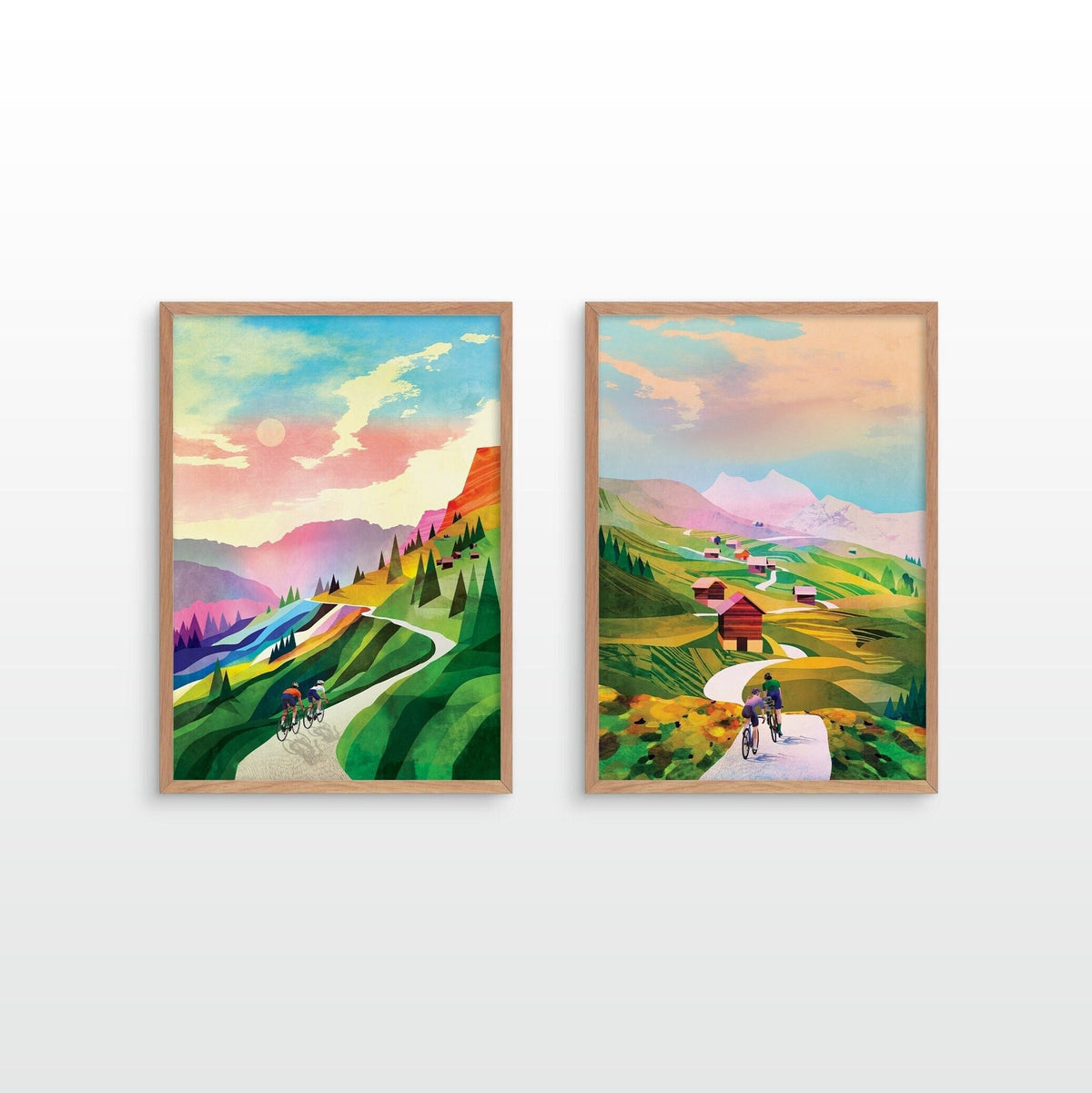 Cycling Art Prints Set of 2 | Colorful Bicycle Wall Art