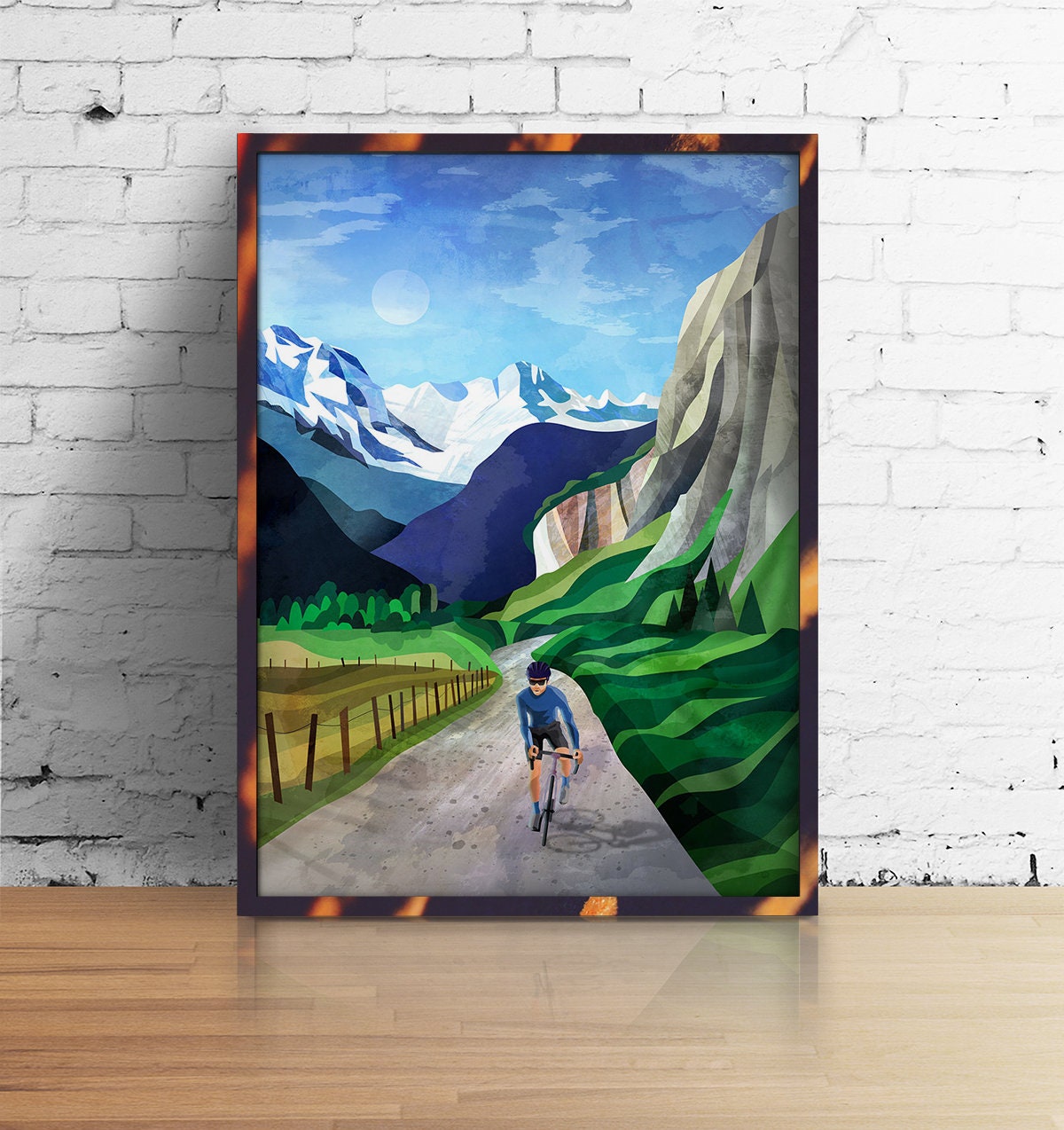 Cycling in Alpine Valley Art Print | Mountain Bicycle Wall Art