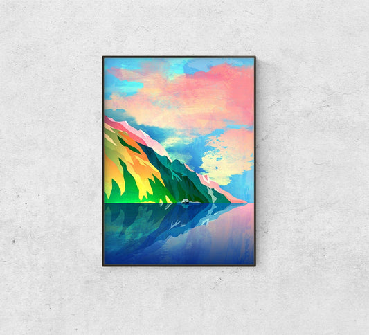 A framed abstract landscape art print featuring vibrant, colorful mountains and a reflective body of water, displayed on a light gray textured wall.