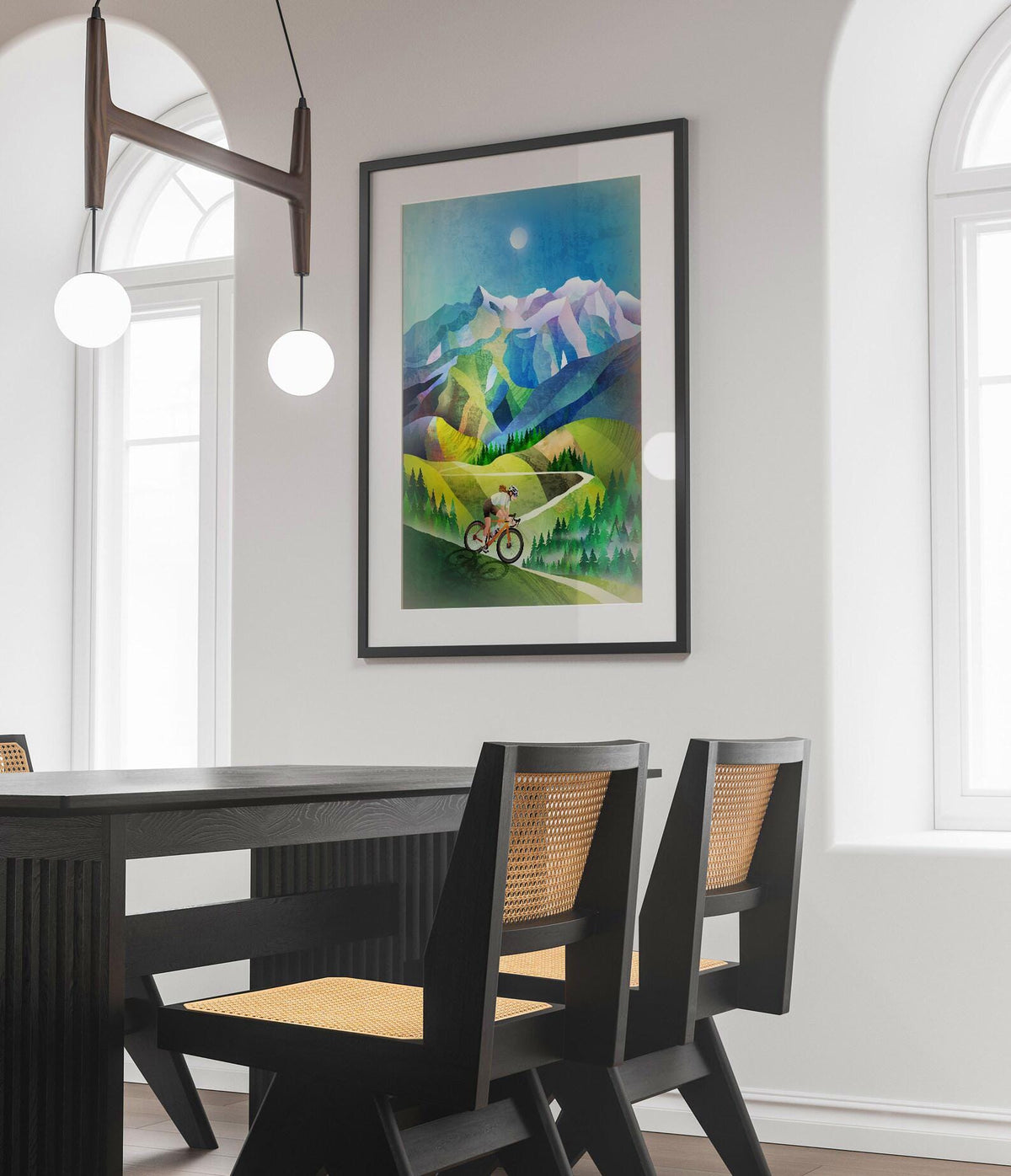 Woman Cyclist Art Print | Mountain Landscape Illustration