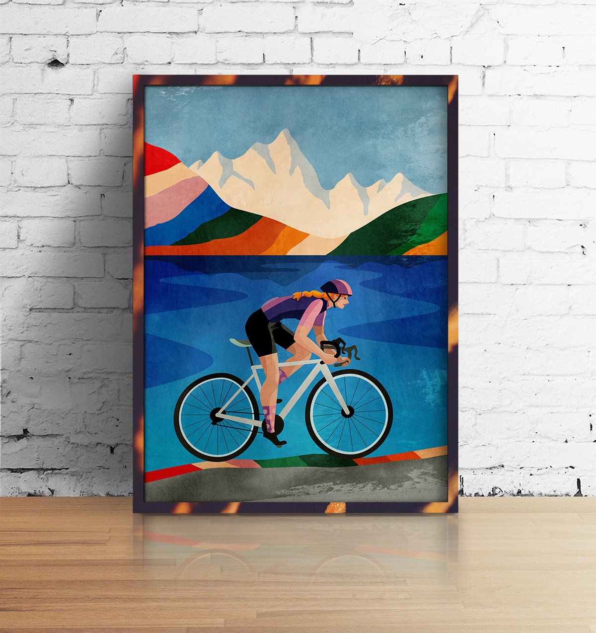 Woman Cyclist Art Print | Colorful Cycling Illustration Wall Art