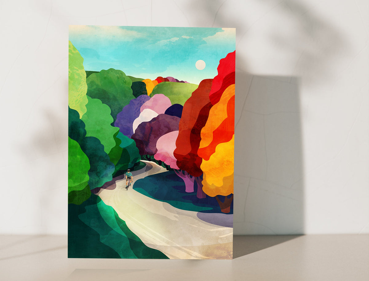 Cycling fine art print. Cycling throught colorful forest