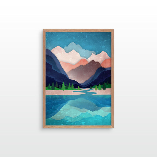 A framed art print featuring a stylized landscape of mountains and a lake, displayed on a light gray wall.