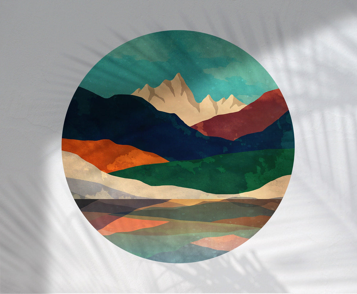 Mountain Lake Wall Decal | Colorful Round Landscape Wall Sticker