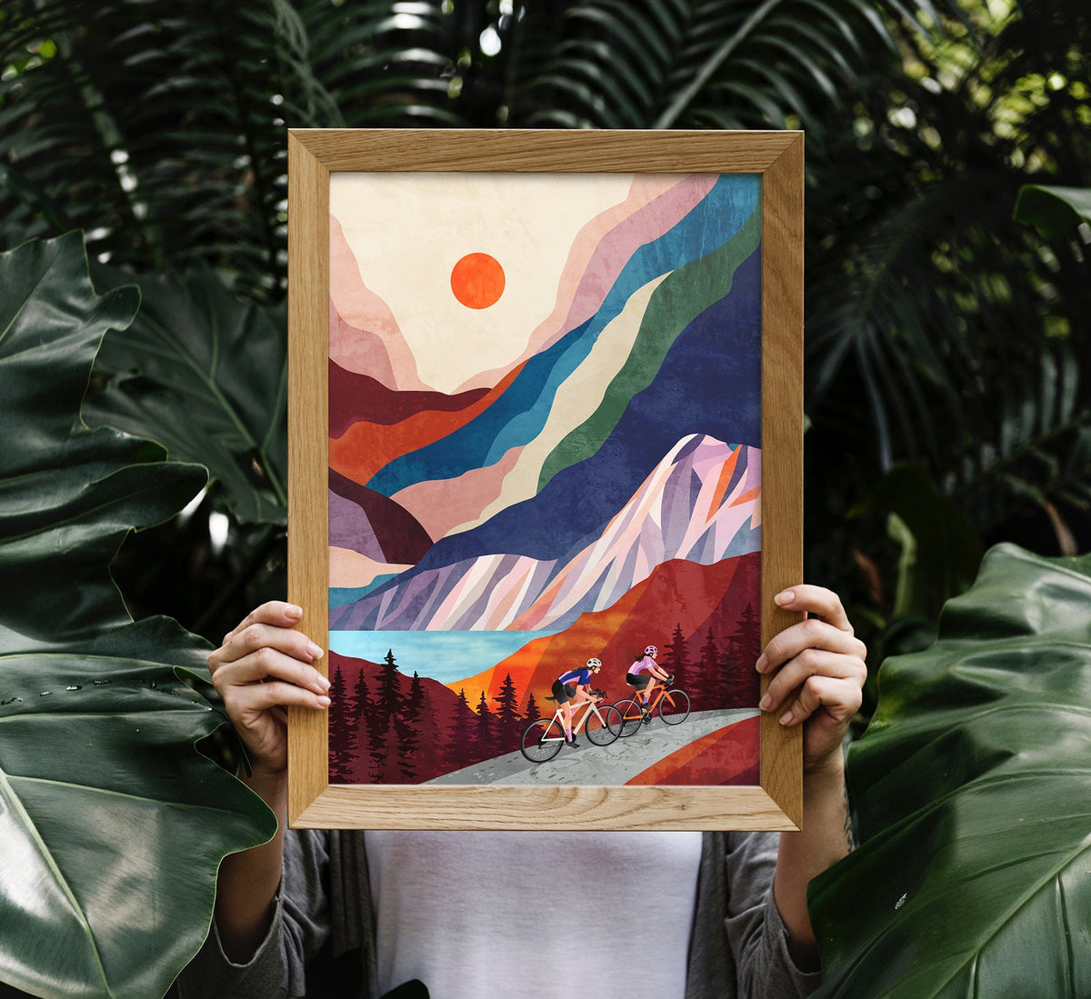 Cycling Friends Art Print | Mountain Landscape Female Cyclists Wall Art