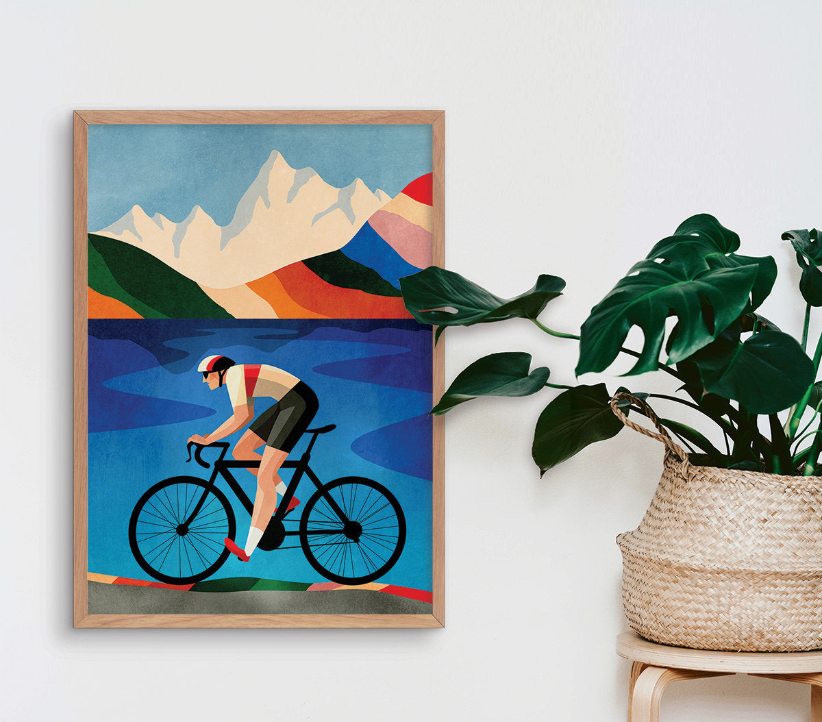 Cycling Art Print | Mountain Lake Illustration Wall Art
