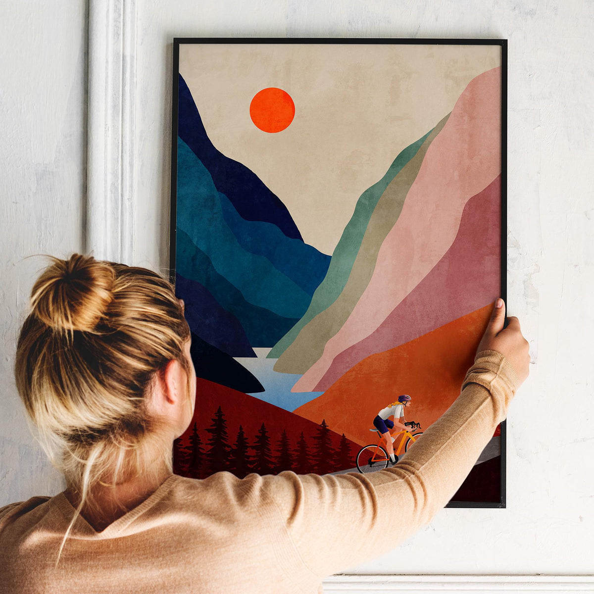 Woman Cyclist Art Print | Mountain Landscape Cycling Wall Art