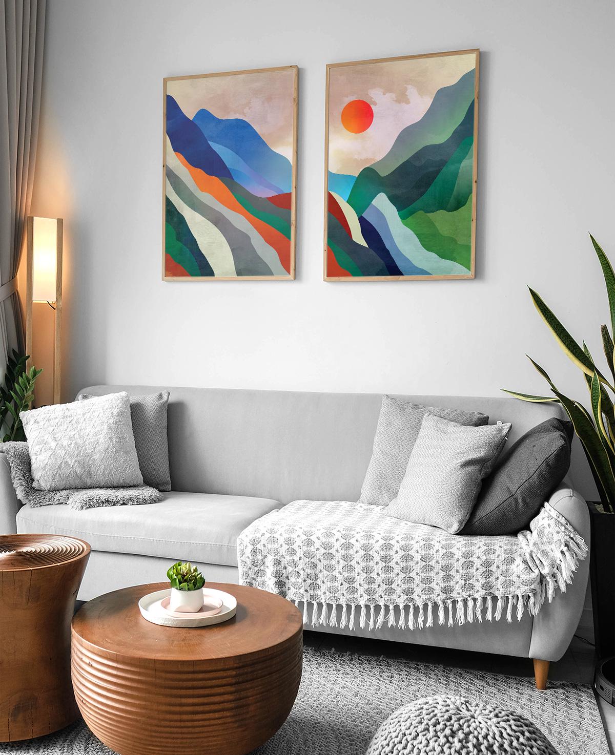 Landscape Art Prints Set of 2 | Misty Mountains Wall Art