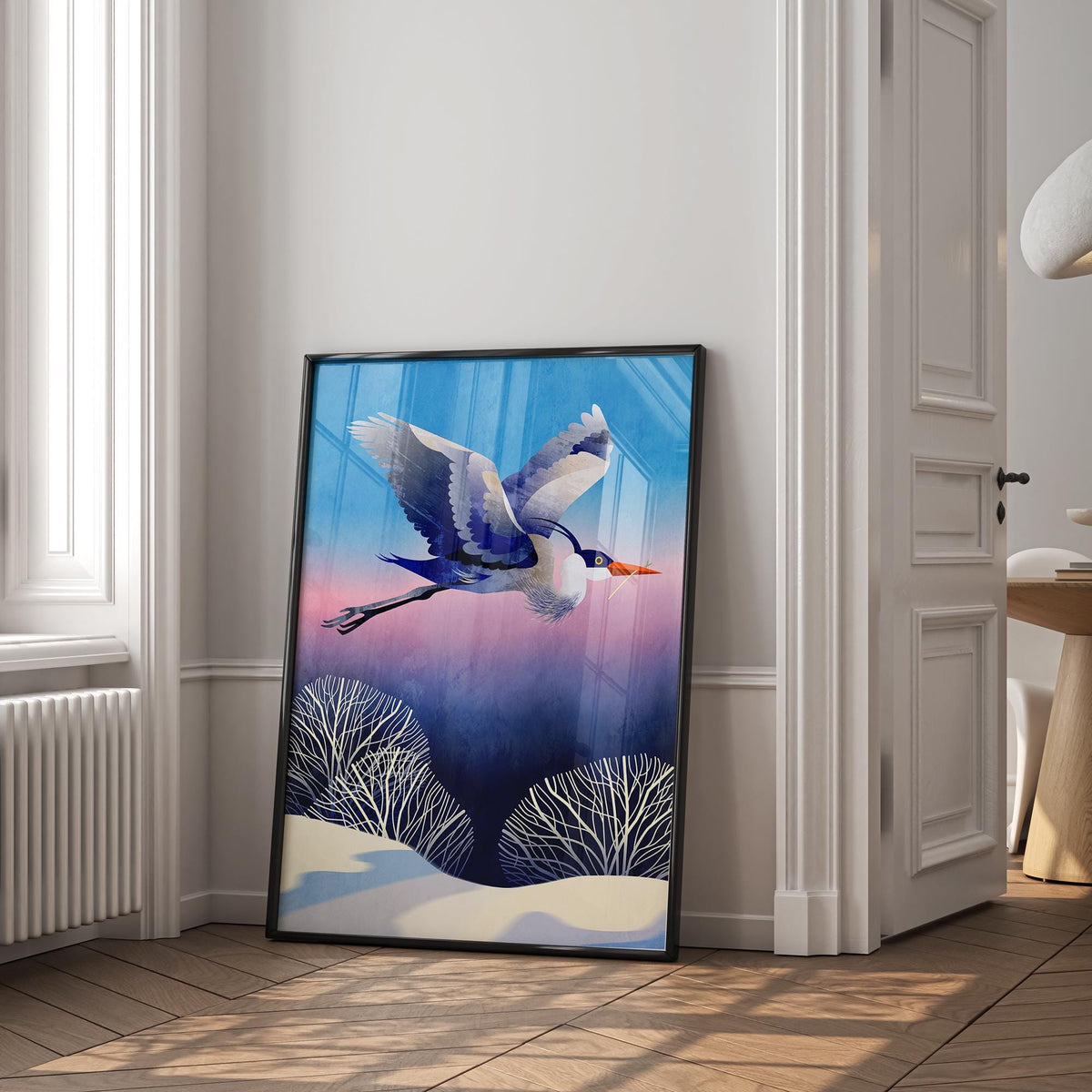 Heron Art Print | Bird Flying Over Snowy Landscape Wall Art