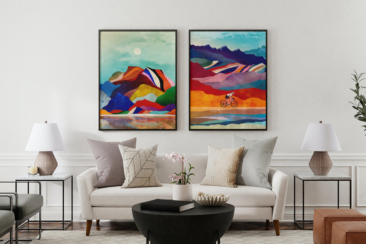 Cycling Art Prints Set of 2 | Colorful Landscape Bicycle Wall Art