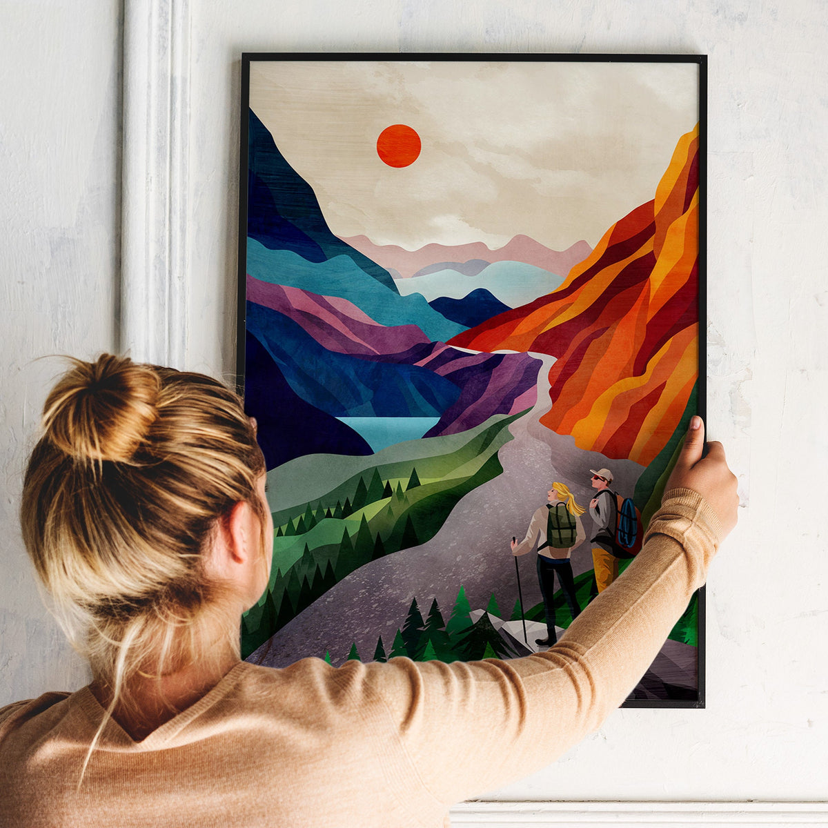 Personalized Hiking Art Print | Custom Couple Hikers Wall Art
