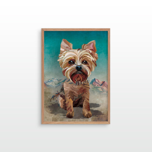 A framed art print featuring a stylized portrait of a small tan and cream dog against a teal background, shown hanging on a light gray wall.
