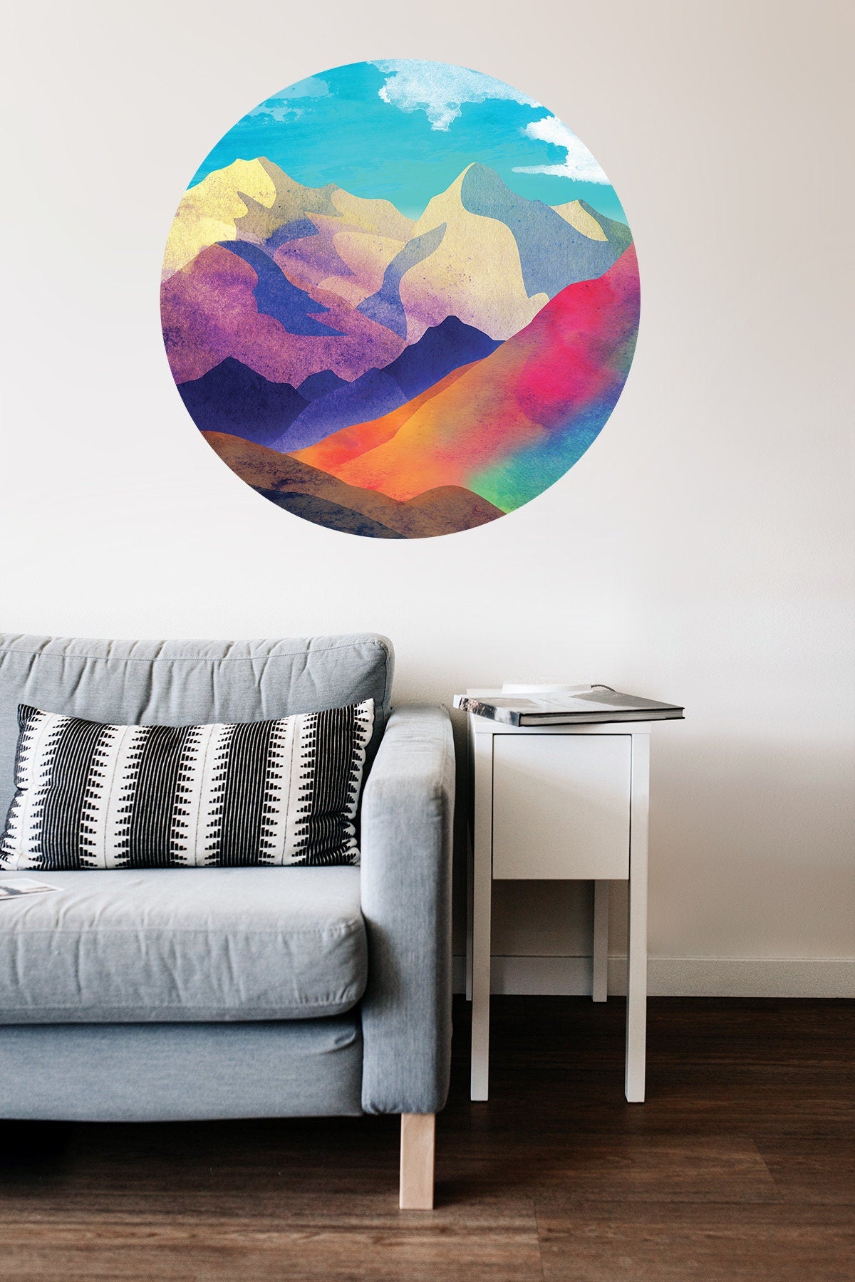 Mountain View Wall Decal | Colorful Round Removable Wall Sticker