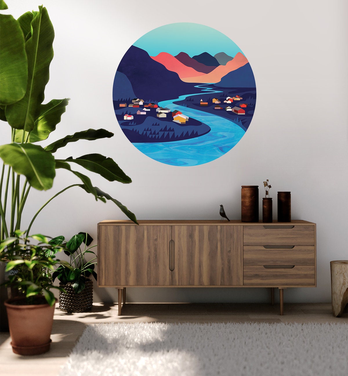 River Village Wall Decal | Round Landscape Wall Sticker