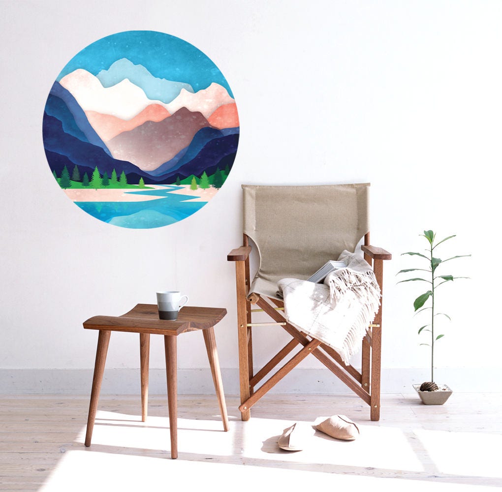 Mountain River Wall Decal | Round Self-Adhesive Removable Wall Sticker