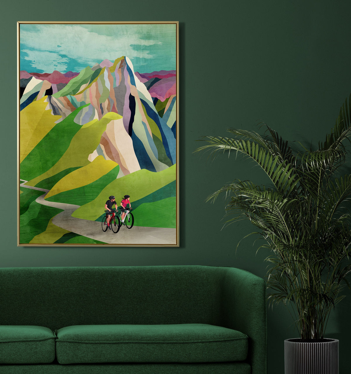 Cycling Couple Art Print | Mountain Landscape Bicycle Wall Art