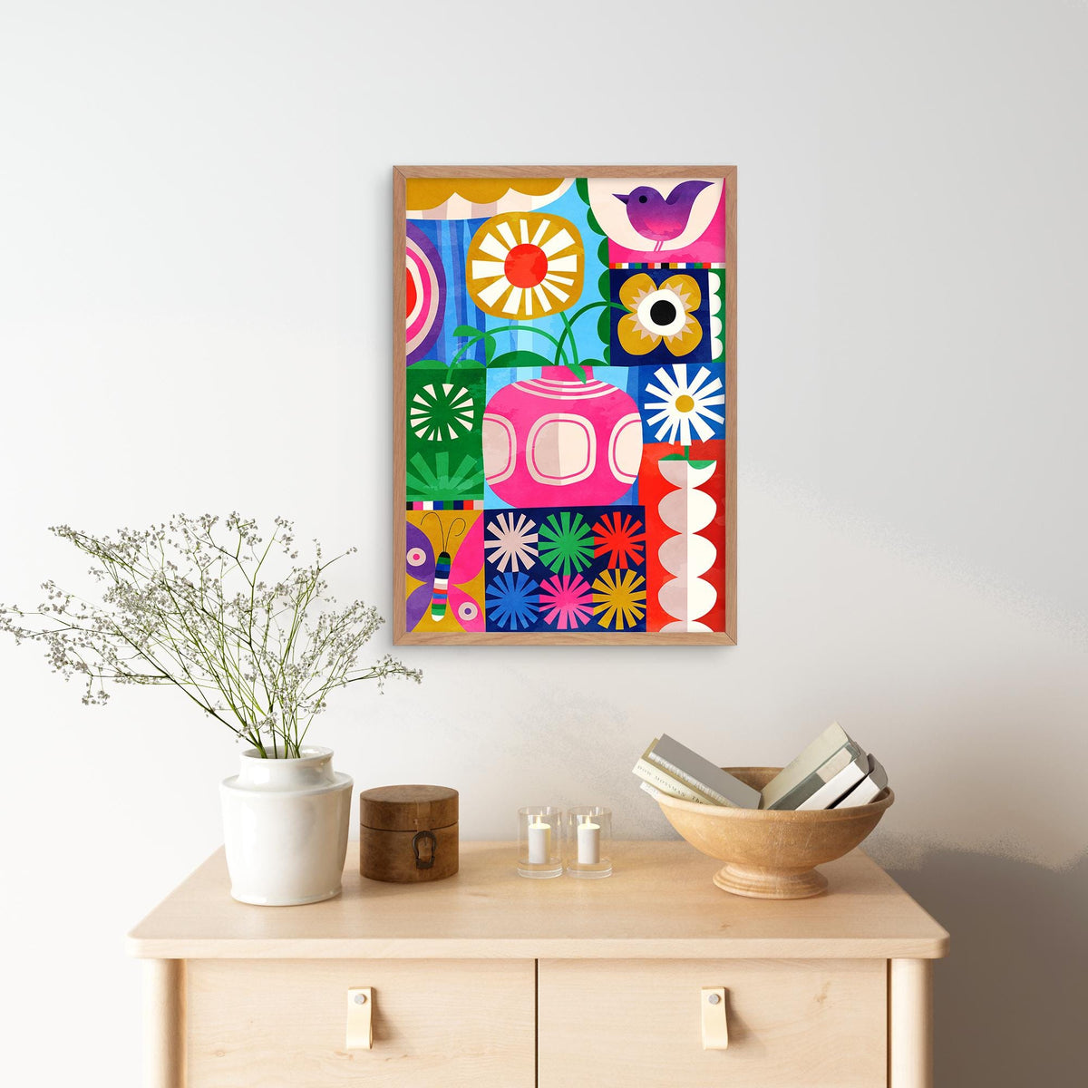 Floral Art Print | Colorful Bird and Flowers Wall Art