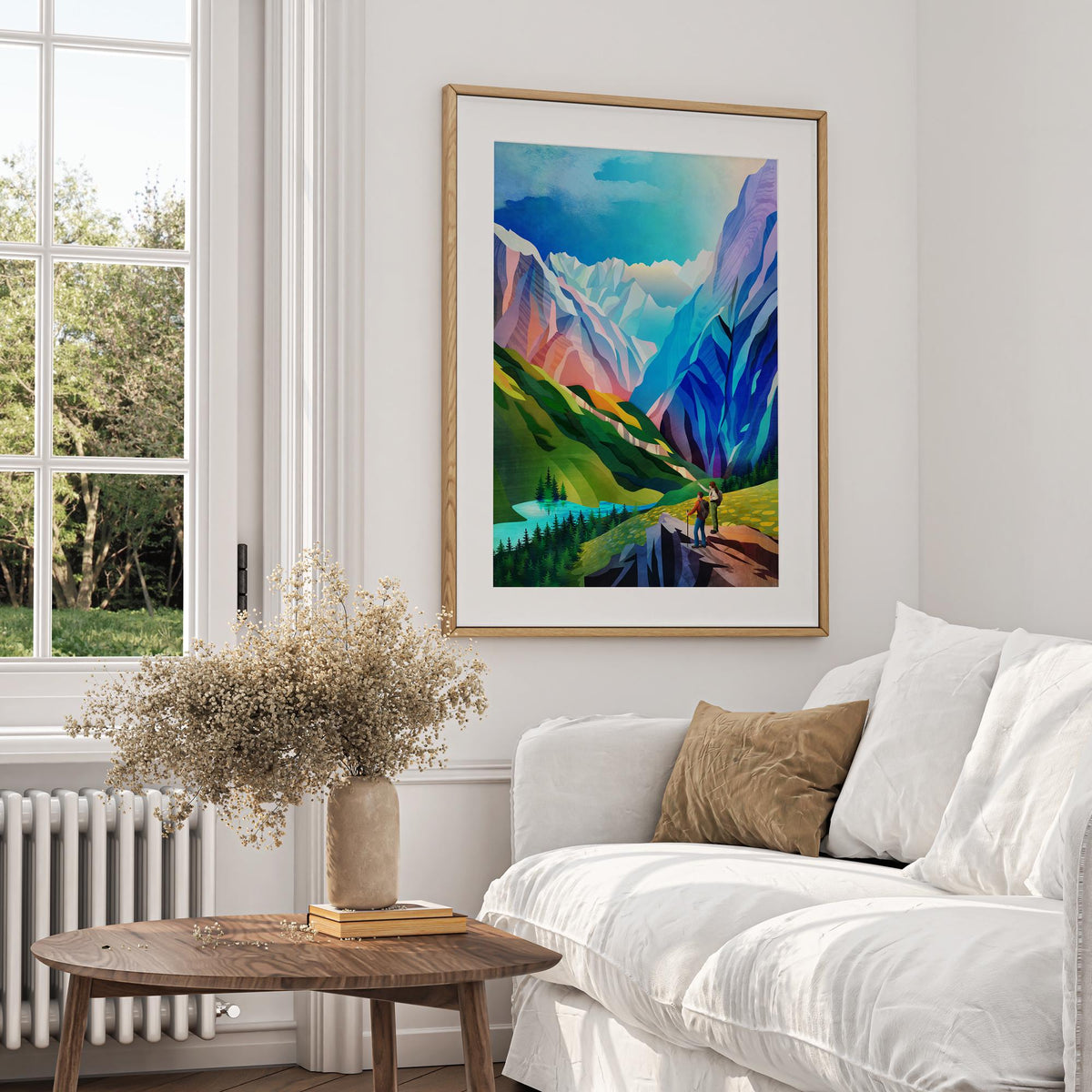 Hiking Couple Art Print | Colorful Mountain View Wall Art