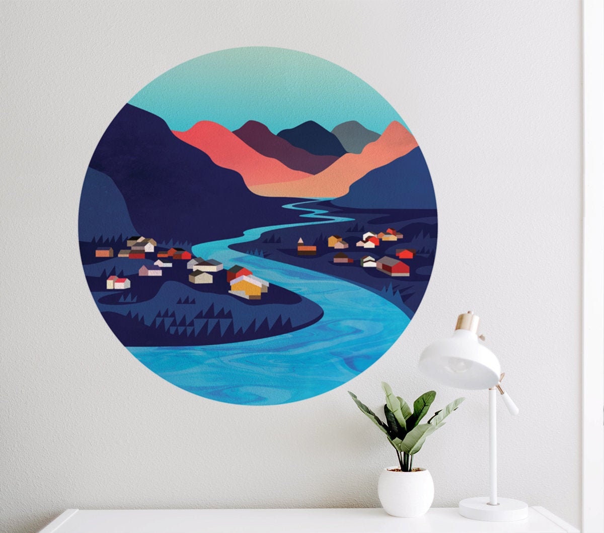 River Village Wall Decal | Round Landscape Wall Sticker