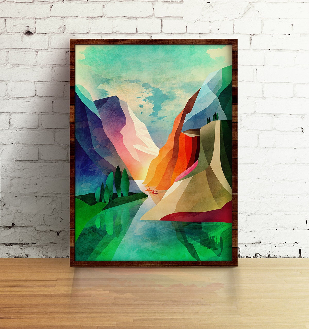 Canyon Kayaking Art Print | Kayak Lake and Mountains Wall Art