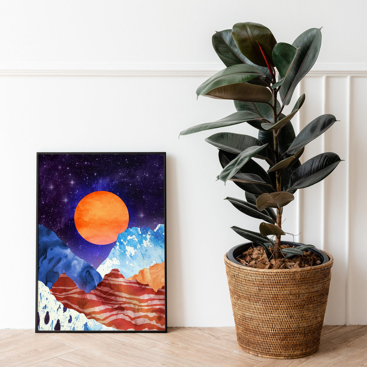 Orange Moon Art Print | Moon Over Mountains Landscape Wall Art