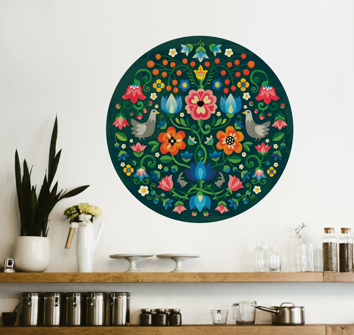 A round wall decal with a colorful folk-art floral pattern.