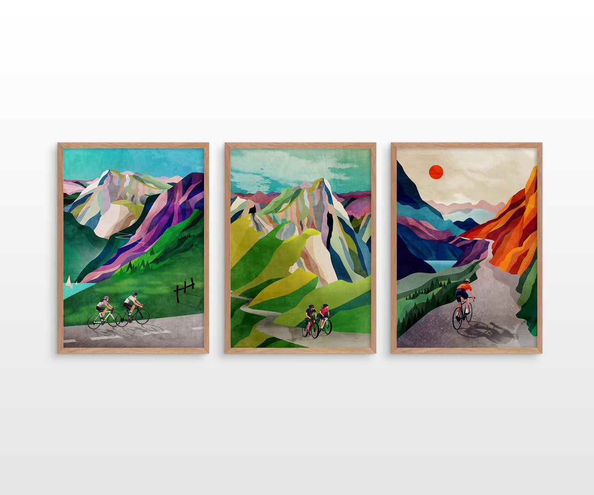 Cycling in the Alps Art Prints Set of 3 | Mountain Landscape Wall Art