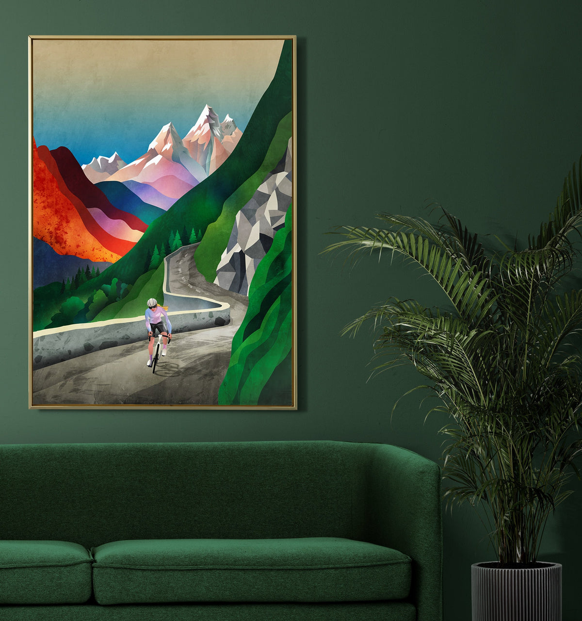 Woman Cycling Art Print | Mountain Landscape Female Cyclist Art