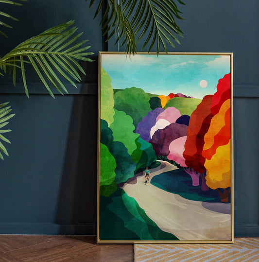 Cycling fine art print. Cycling throught colorful forest