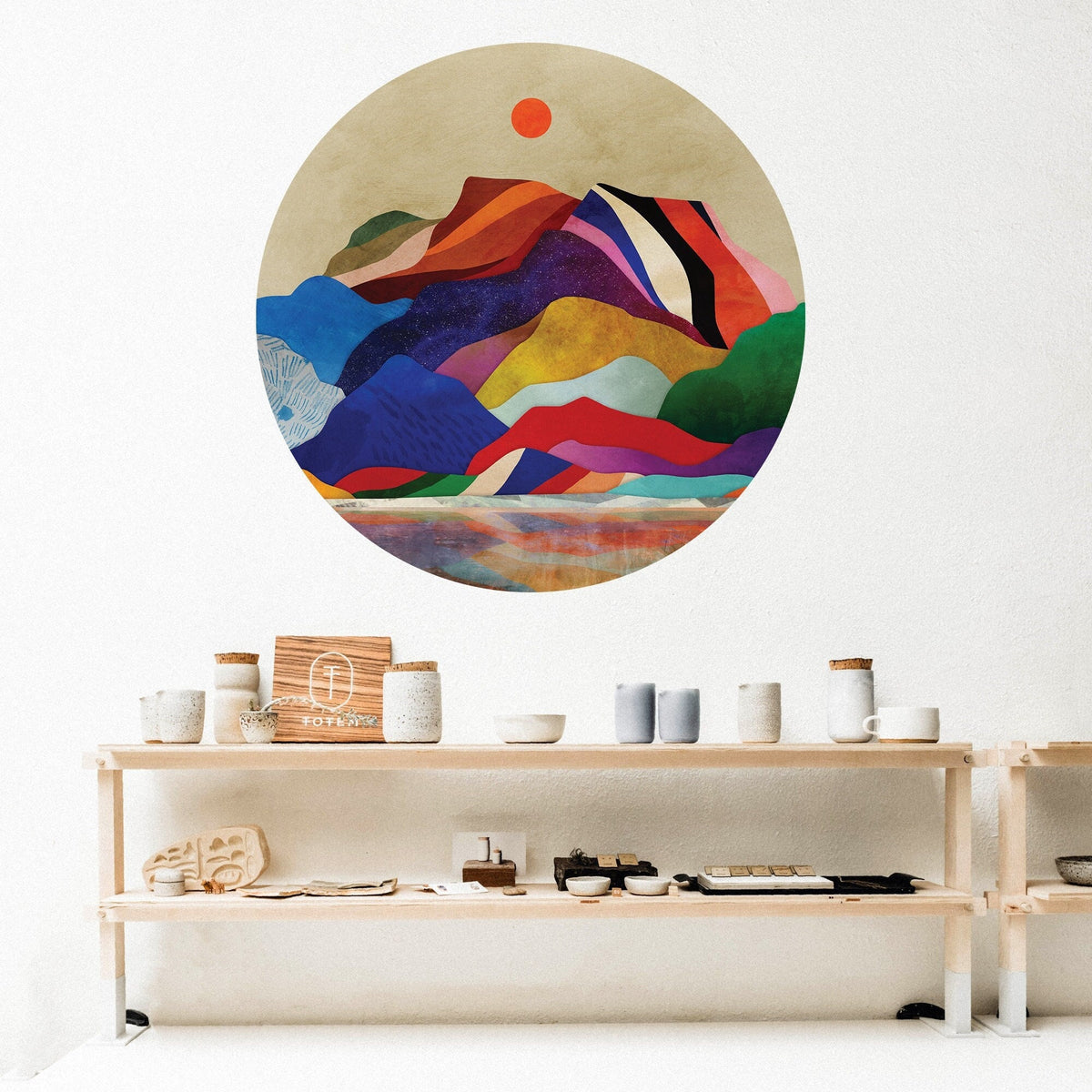 Colorful mountains wall decal. Self adhesive, repositionable and removable fabric.