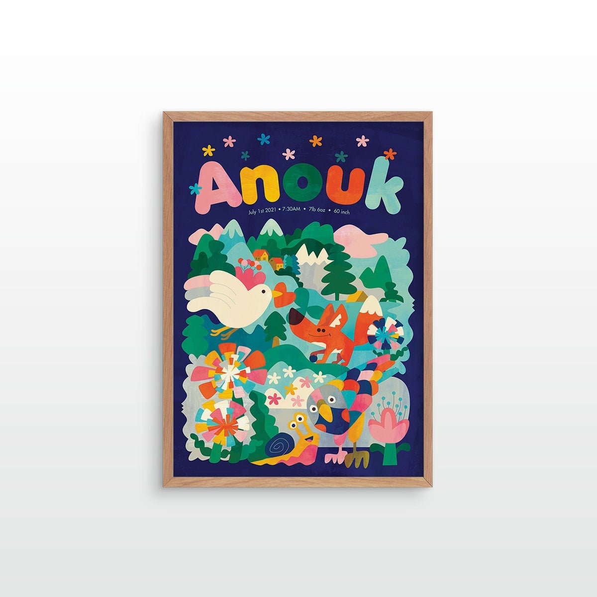 A framed art print featuring a colorful whimsical illustration.