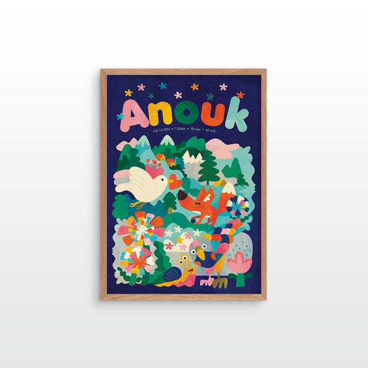 A framed art print featuring a colorful whimsical illustration.