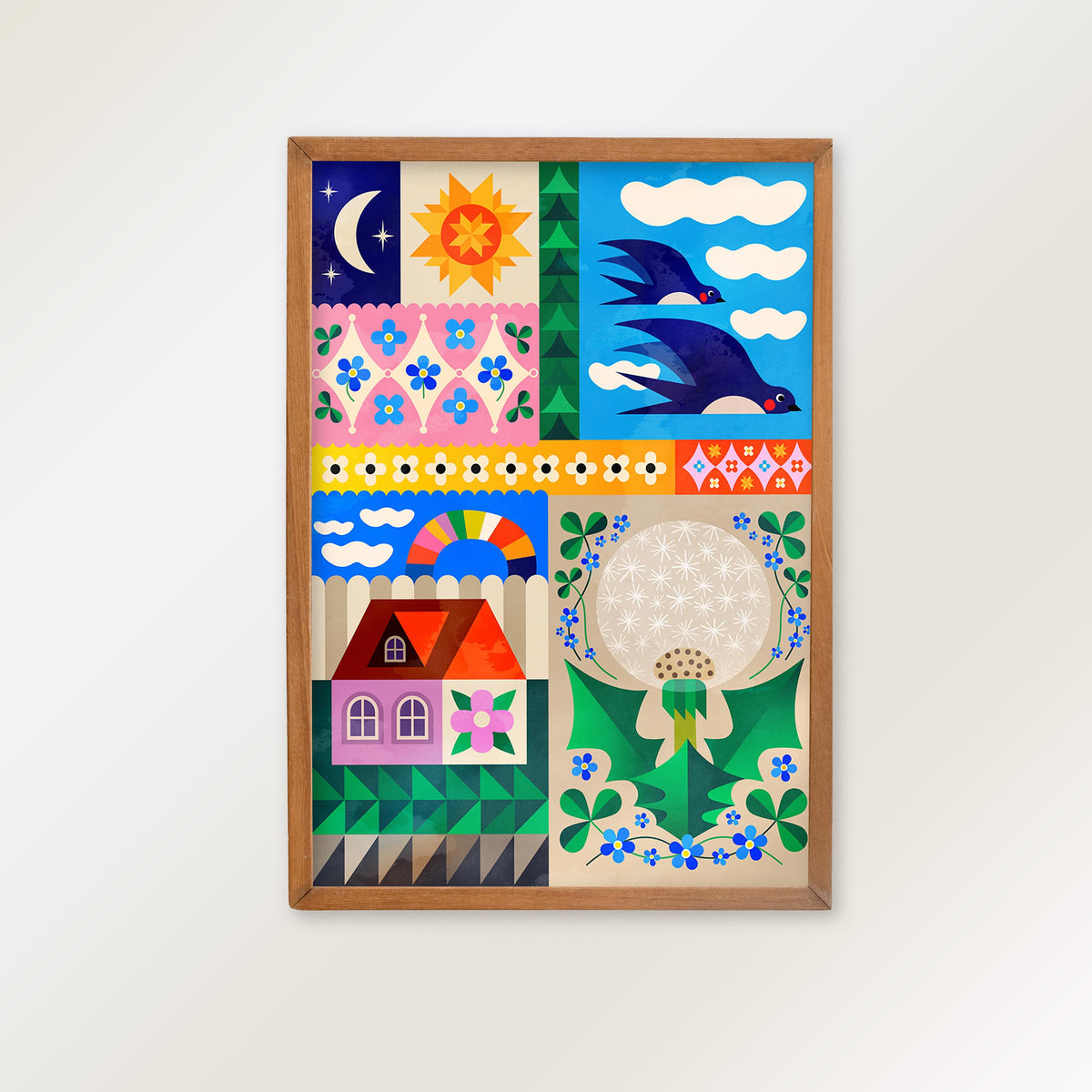 Spring Collage Art Print | Colorful Flowers Folk Wall Art