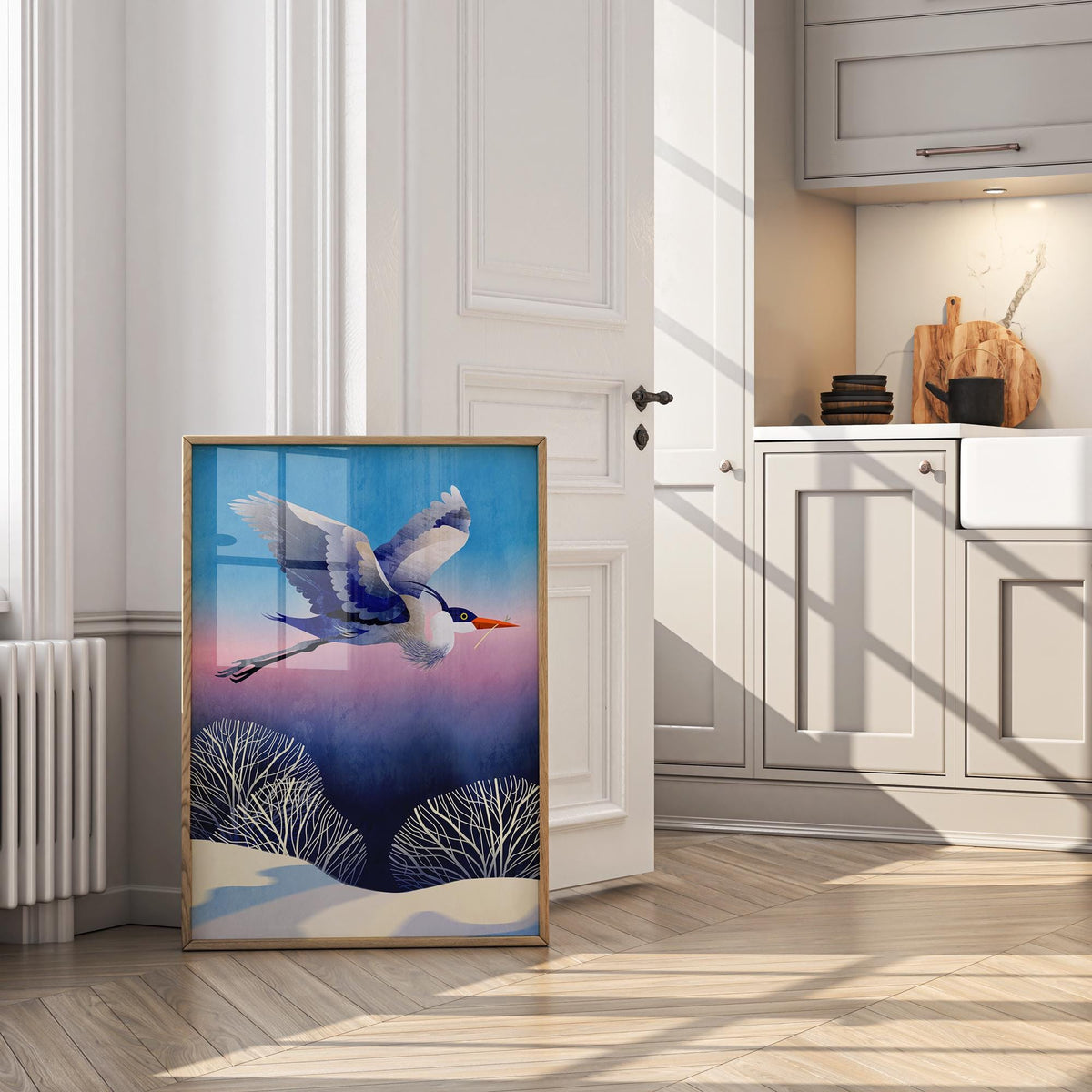 Heron Art Print | Bird Flying Over Snowy Landscape Wall Art