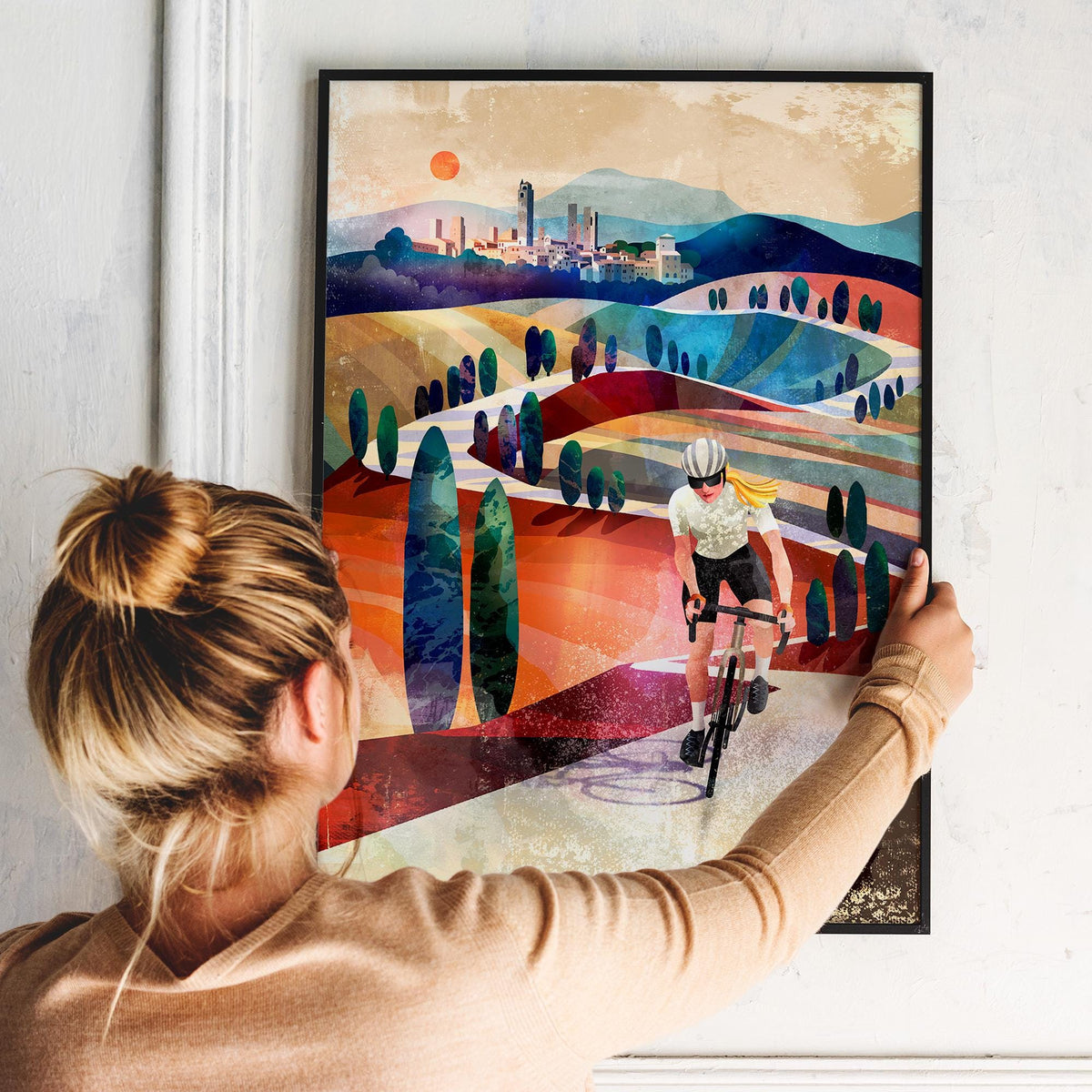 Woman Cycling in Tuscany | Italy Art Print.