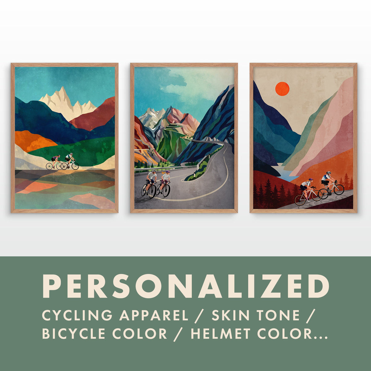 Three framed cycling landscape prints are shown side by side above a green banner with text reading 'PERSONALIZED' and 'CYCLING APPAREL / SKIN TONE / BICYCLE COLOR / HELMET COLOR.