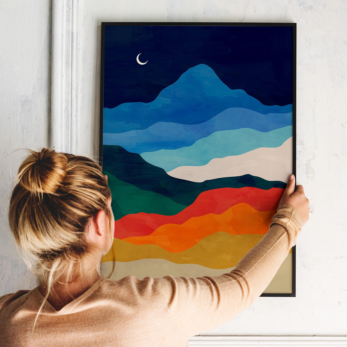 Night Sky Mountain Landscape Art Print | Moon Wall Art