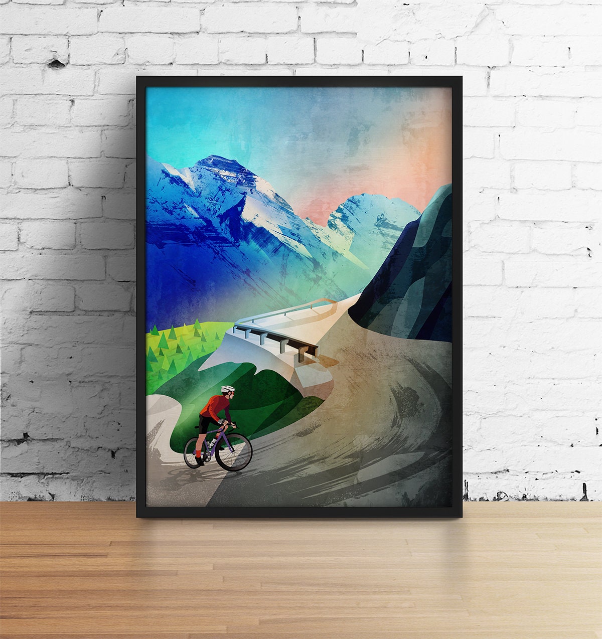 Mountain Cycling Art Print | Snow-Capped Peaks