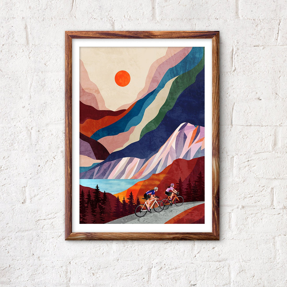 Cycling Friends Art Print | Mountain Landscape Female Cyclists Wall Art