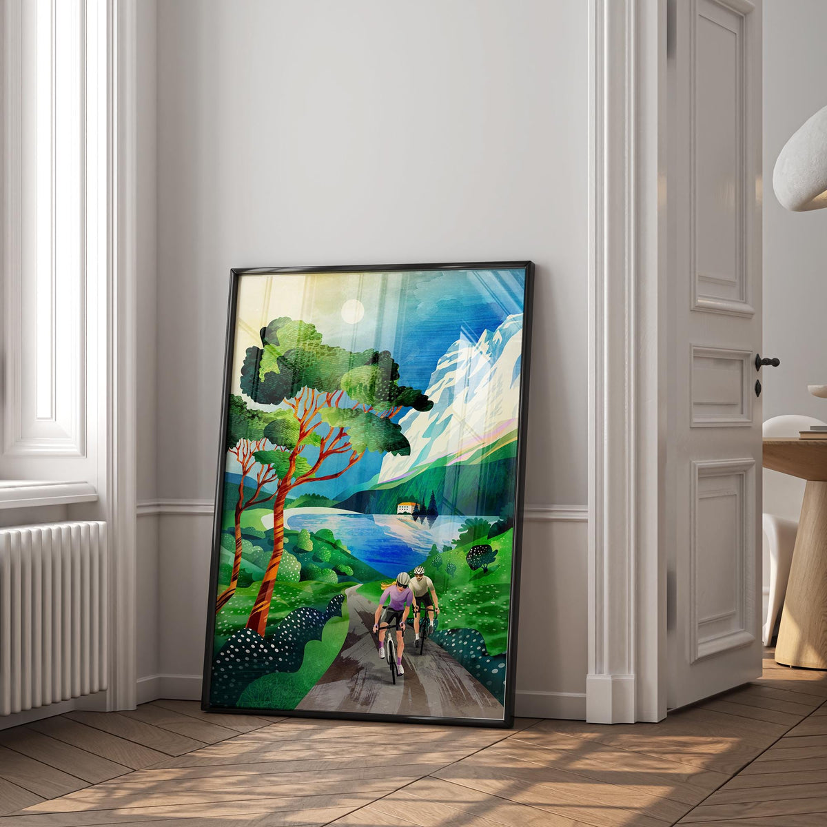 Cycling Couple Art Print | Summer Landscape Illustration