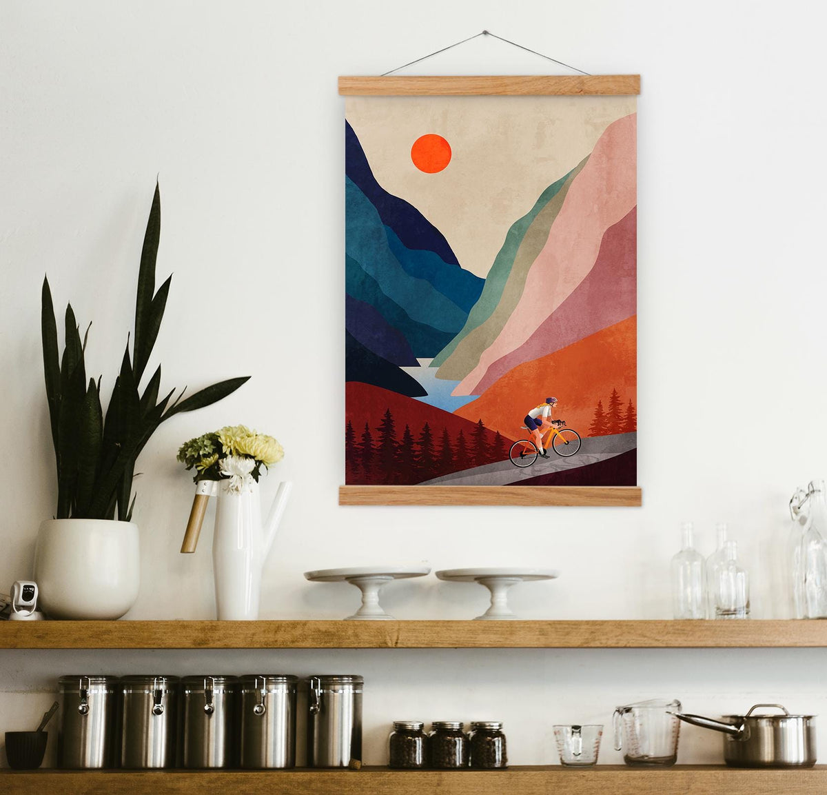 Woman Cyclist Art Print | Mountain Landscape Cycling Wall Art